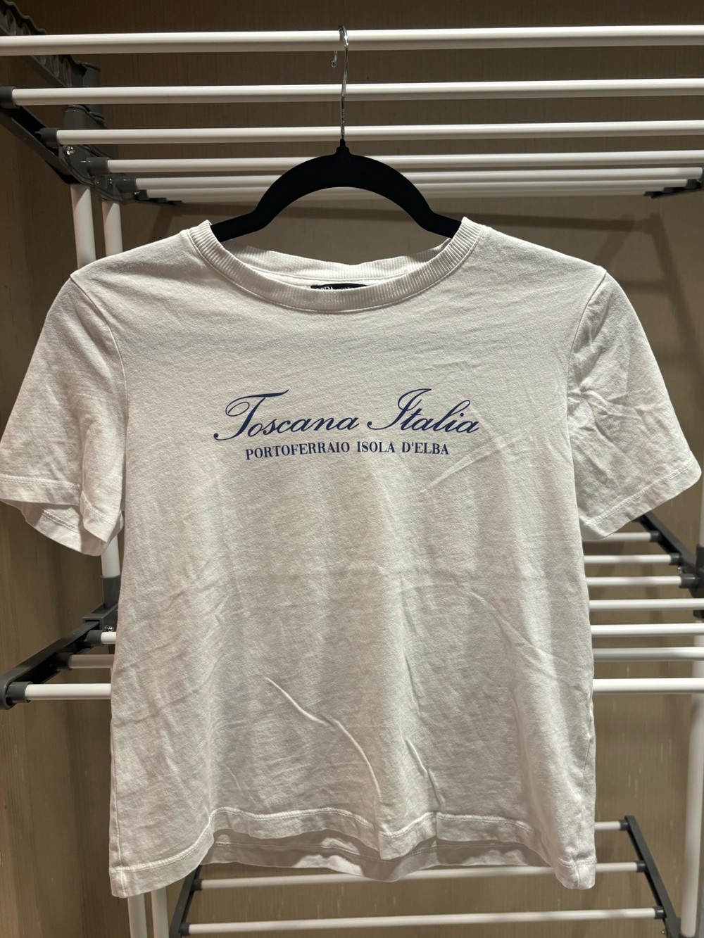 Zara White Tee with Blue Toscana Italia Script
